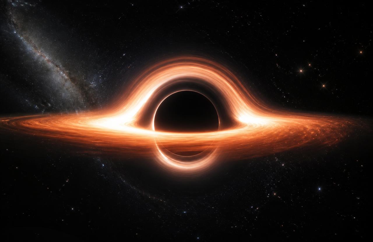 Black hole with a glowing accretion disk bending light around it